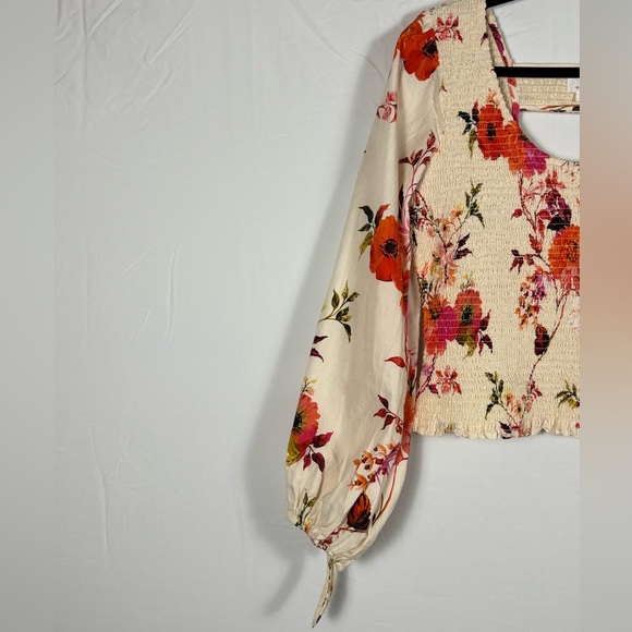 By Anthropologie Top Smocked Peplum Floral Cream Pink - M - Picture 6 of 13